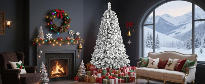 SHareconn 4/ 5/ 6/ 7.5/ 9/ 12FT Pre-Lit RGB Lights Snow Flocked Christmas Tree with Remote Control, Deluxe Hinged Design, Ideal Xmas Decoration