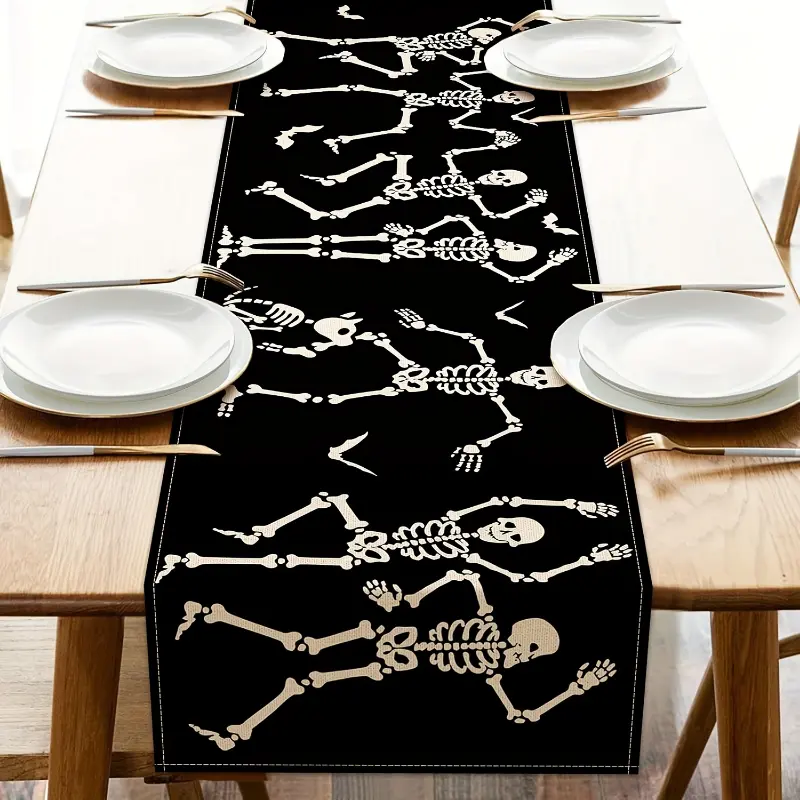1pc, Halloween Gothic Skeleton Black Table Runner, Spooky Bat Kitchen Dining Table Decoration, Funny Holiday Indoor Outdoor Home Decor Party Supply