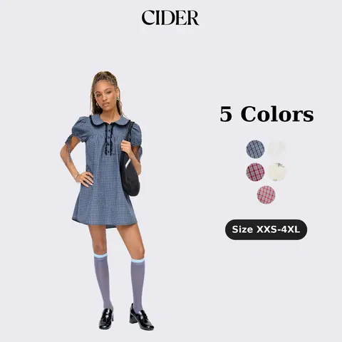 Cider Peter Pan Collar Plaid Puff Sleeve Mini Dress – Women's Cute Casual Daily Wear, Soft Breathable Fabric, Easy to Style, Versatile, Sweet Preppy Fit