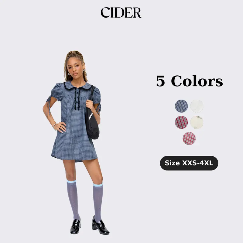 Cider Peter Pan Collar Plaid Puff Sleeve Mini Dress – Women's Cute Casual Daily Wear, Soft Breathable Fabric, Easy to Style, Versatile, Sweet Preppy Fit