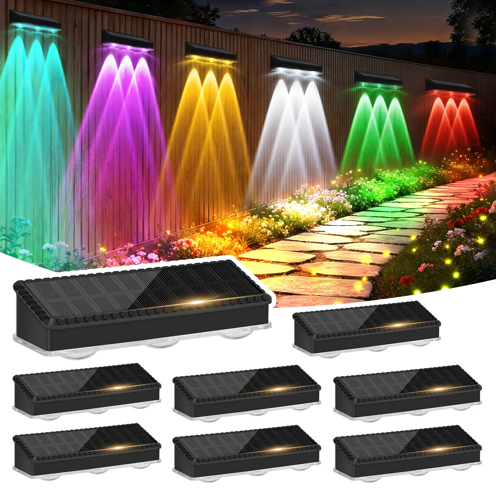 echosari Solar Fence Lights Outdoor 8 Pack Waterproof High Brightness Upgraded 3 LED Lens Solor Deck Lights Warm & Cool White RGB Outside Solar Powered Wall Light for Backyard Patio Step Railing,campingessentials,outdoorfurnitureset,campinggear