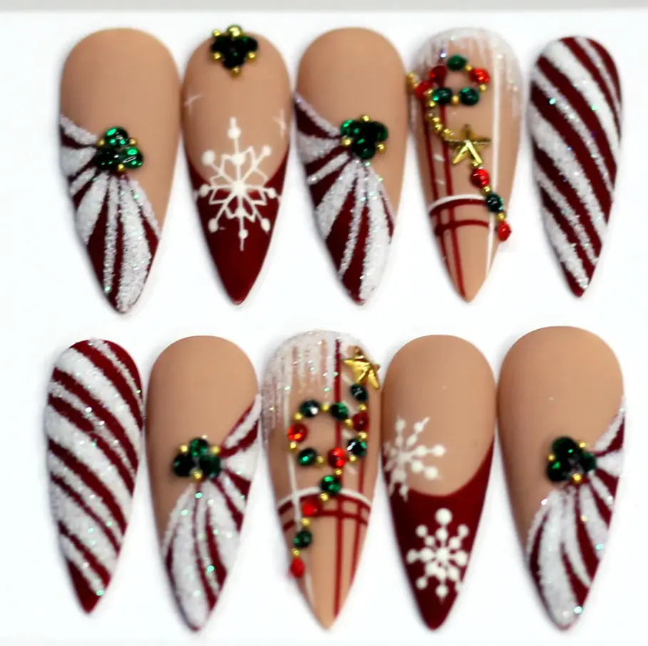 Christmas Glam Press On Nails, Almond Red Glitter Candy Cane Wreath Snowflake Nails, Festive Holiday Nail Set, Gift for Her