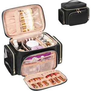 Large Makeup Bag, Portable Travel Makeup Bag Organizer for Women Girls with Makeup Brush Compartment & Two Side Pockets, Cosmetic Travel Bag Vertical Storage Toiletry Bag - Black