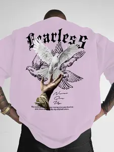 Men's Classic Letter Pigeon Print T-Shirt, Summer Round Neck Short Sleeve Casual Comfort Top, Outdoor Wear, Fitted Style