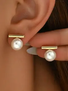 18k Stainless Steel Earrings, Hypoallergenic Round Pearl Pendants, Lightweight Studs for Weddings, Daily Wear, Bridesmaids, Fashion Earring