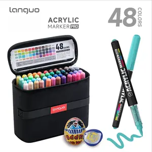 Languo 48 Color Acrylic Markers Set, Self-Inking Ink, Stacking Storage Bag, Soft Brush Tips, Waterproof, Ideal for Art, DIY, Drawing