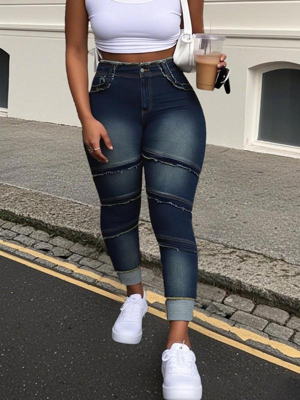 Plus Size Raw Hem High-Waisted Denim Jeans with Pockets, Casual Comfy Slim-fitting Trousers for Daily Wear, Women's Bottoms for Summer