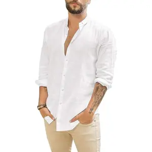 Mens Casual Long Sleeve Cotton Linen Shirts Buttons down Solid Plain Roll-Up Sleeve Summer Beach Shirts JEKAOYI