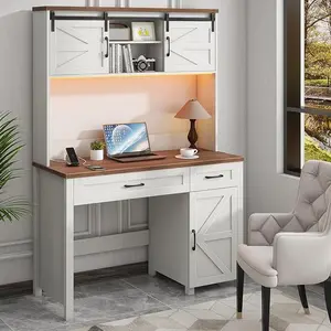 Vabches Farmhouse 47" Desk, Executive I-Shape with 3 Drawers, Storage Cabinet, Hutch, Charging Hub for Home Office