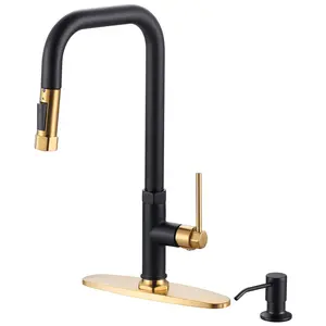 WOWOW Single-Handle Pull Down Sprayer Kitchen Faucet with Pull Out Spray Wand and Soap Dispenser in Gold and Black