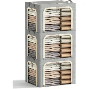 3 Openings Clothes Storage Bins with Metal Frame Foldable Storage Bin for Clothes Clothing Storage Bins with Lid Linen Storage Box With Clear Window Zippers Durable Handles. 3 Pcs Light Grey 40L