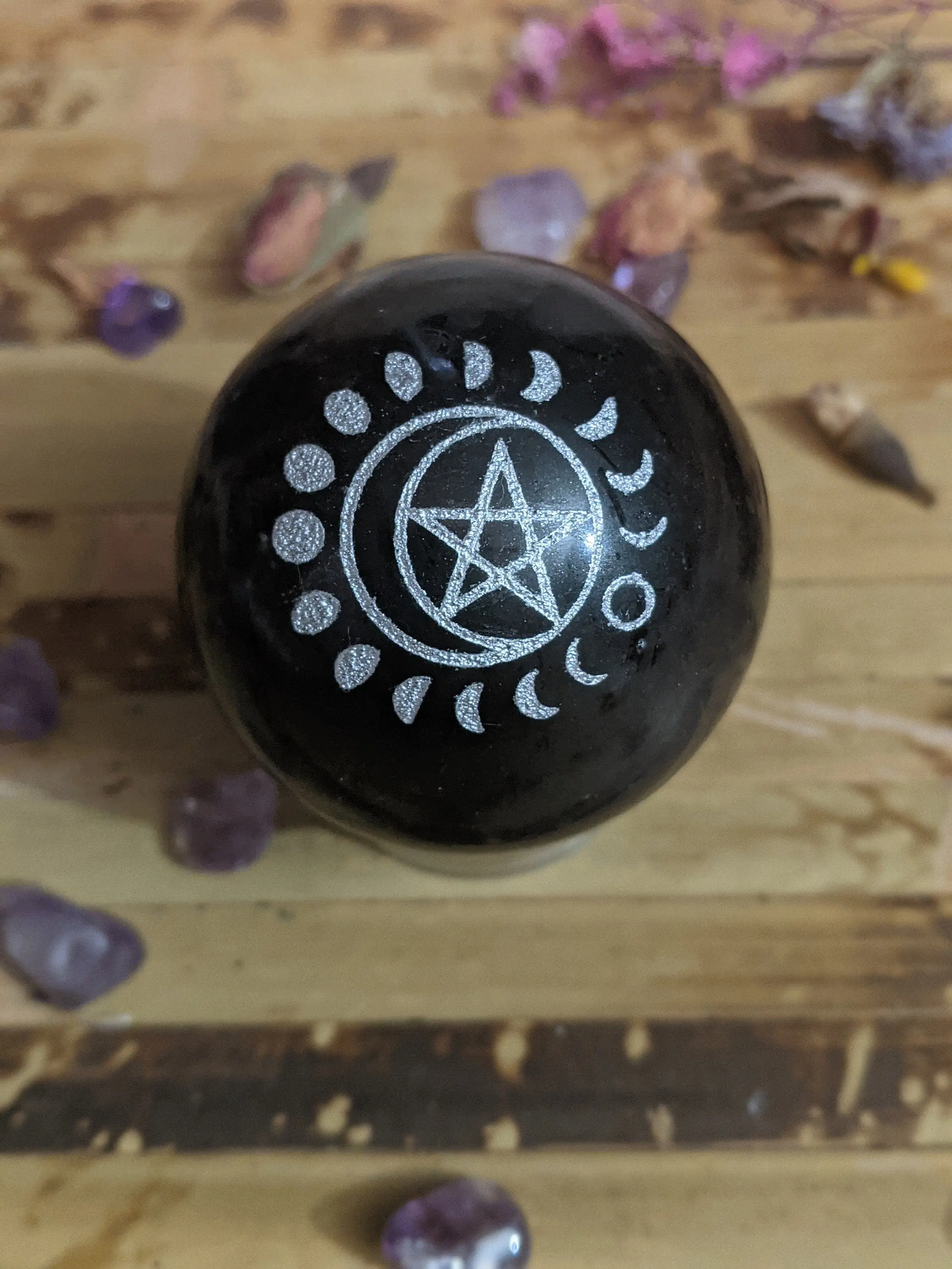 Black Tourmaline Sphere Moon Phases Pentacle Etched Polished 50mm Altar Orb Healing Crystal Ball Mineral Specimen Goddess Protection Scrying