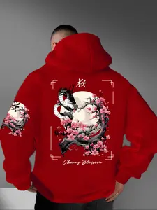 Men's Landscape Flower, Casual Fitted Long Sleeve Sweatshirt, Comfortable Thickened Hooded Pullover for Daily Wear, Floral Print Hoodie, Floral Hoodies