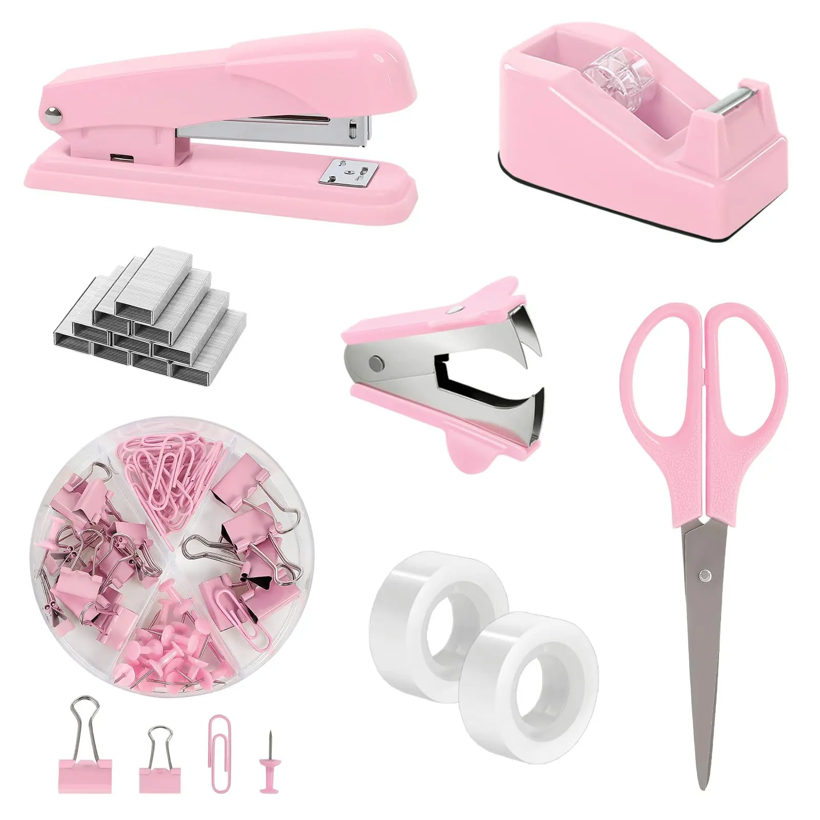 SKYDUE Pink Home Office Stationery Set - Practical Space-Saver Fun Desk Supplies for Women, Includes Stapler, Tape Dispenser, Scissors, Clips, 1000pcs Staples, Ideal for Birthdays