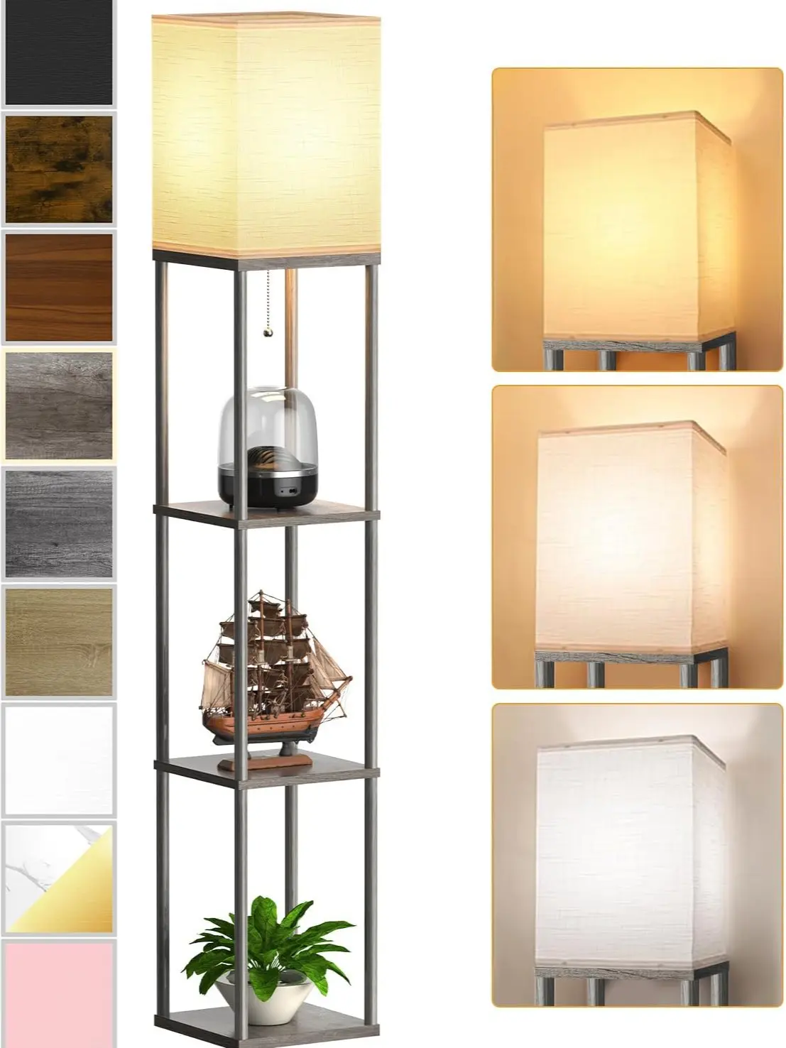 Floor Lamp with Shelves for Living Room Oak Gray, Shelf Floor Lamp with 3 CCT LED Bulb, Corner Display Standing Column Lamp Etagere Organizer Tower Nightstand with White Linen Shade for Bedroom Office