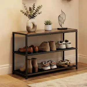 3-Tier Shoe Bench with Storage, Industrial Entryway Sturdy Shoe Rack Organizer Bench with Mesh Shelves for Entryway, Hallway & Living Room, Easy Assembly