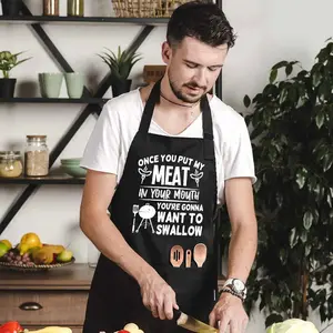 Funny Apron for Men-Once You Put My Meat In Your Mouth Adjustable Kitchen Black BBQ Grilling Cooking Chef Apron with Pockets for BBQ Grilling Cooking Waterproof Grill Daddy Gift for Father Husband Boyfriend