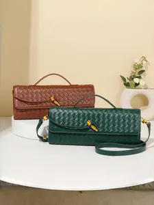 Handmade Woven Leather Clutch Evening Bag | Gold Metal Accent Accordion Crossbody Shoulder Bag | Women's Luxury Party Purse Wallet Phone Wallet Purse