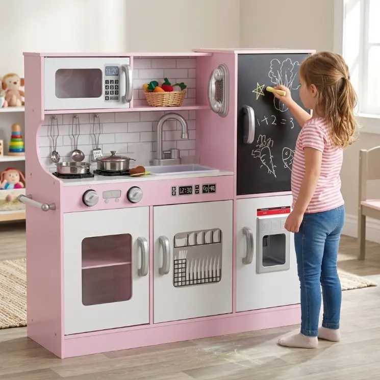 AobtkelQaba Play Kitchen for Kids 33" Pretend Play Toy Kitchen with Ice Maker Chalkboard Play Phone Towel Rack Stainless Steel Cookware 5 Accessories Microwave Sink Storage ASTM CPSIA Certified for 3-8 Years Boys Girls Gift Idea Pink