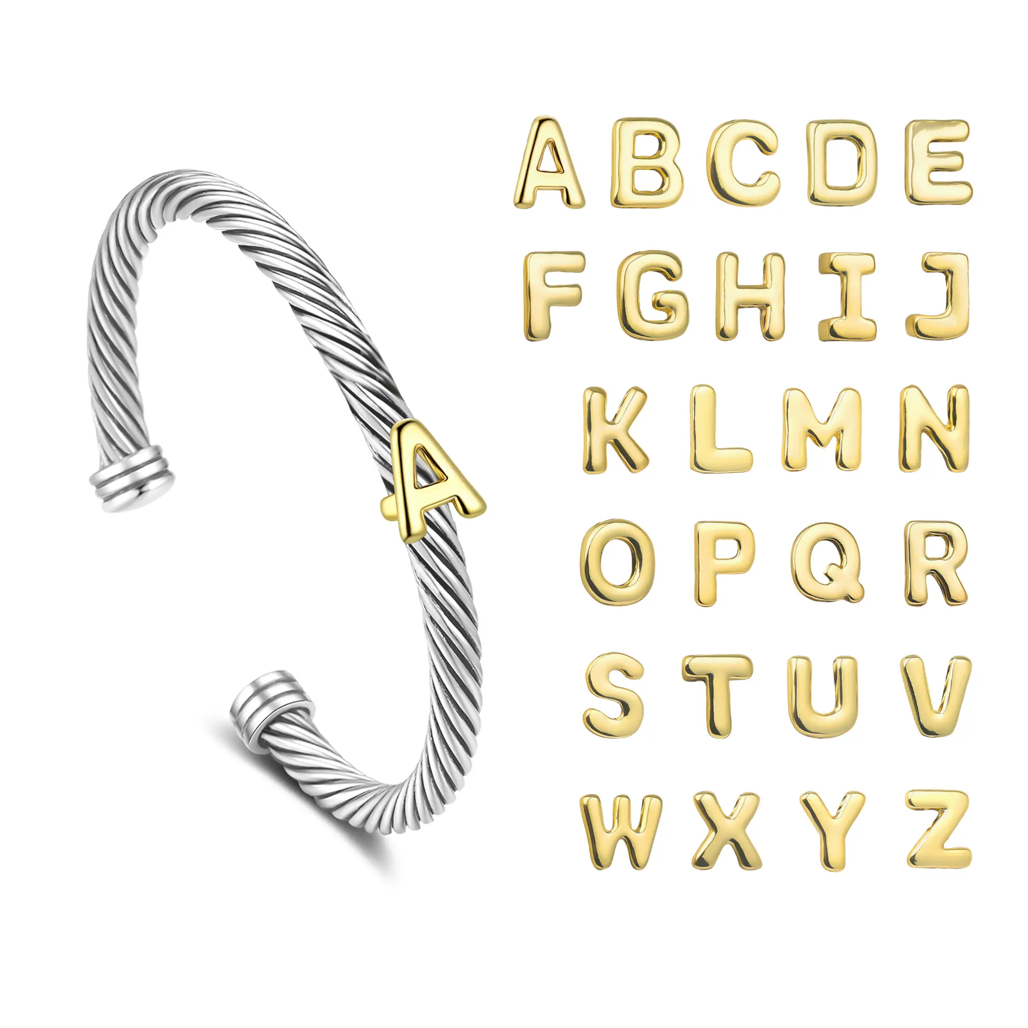 MYTYS 26 Initial Letter Cuff Bracelet Twisted Braided Opening Size Classic Cable Two-tone Design Women's Fashion Trendy Jewellery Accessories