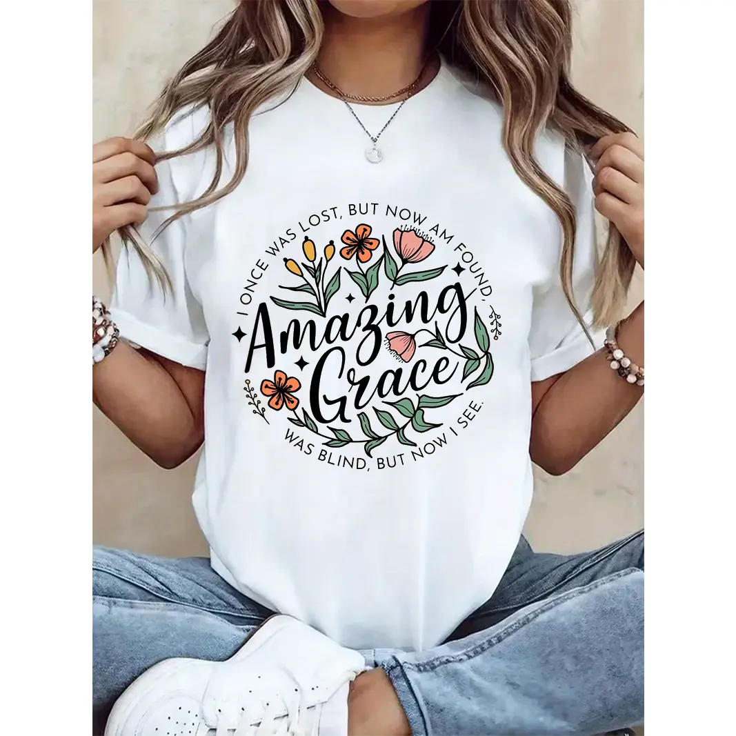 Womens Cotton Graphic Tee Amazing Grace Floral Print Short Sleeve Crew Neck Casual Faith Shirt For Church Sunday Worship Bible Study Everyday Streetwear Gift