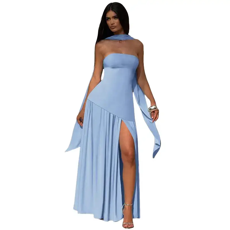 New Arrival Women'S Stylish Elegant Strapless Slim-Fit Solid Color Split Backless Elegant Ribbon Midi Dress