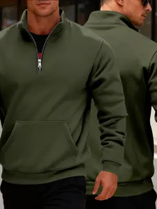 Men's High-Quality Half-Zip Fleece Sweatshirt, Casual Long Sleeve Stand Collar Pullover, Athleisure Street Fit, Fall Winter Outdoor Hiking Sportswear, Athletic Training Apparel, Kangaroo Pocket Sweatshirt, Casual Sports Tops, Sweatshirt Alternative
