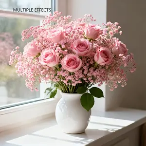 30pink daisies, paired with 8pink roses, creating bright and elegant floral arrangements, very suitable for wedding decorations, indoor and outdoor home settings, parties, and garden courtyards.