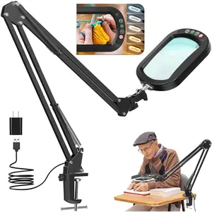 10X Large Magnifying Glass with Light and Clamp, Real Glass, 5 Color Modes Stepless Dimmable, Hands Free Lighted Magnifier with Stand, LED Swing Arm Desk Lamp for Close Work, Craft, Reading, Painting