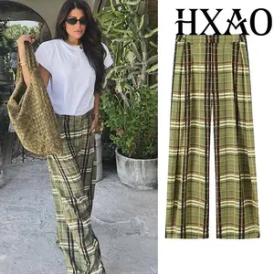 HXAO Plaid Baggy Pants For Woman Green Wide Long Pants Minimalist Casual Woman Trousers Mid Waist Loose Women's Trousers Street
