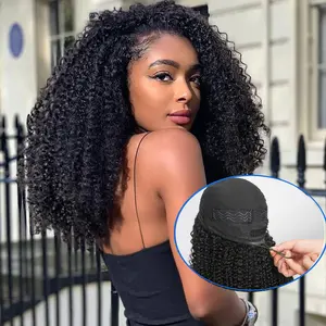 Kinky Straight Half Wig with Drawstring Ready to Wear Gluless Wigs Human Hair Seamless Flip Over Wig Beginner Friendly 250% Density Brazilian Curly Headband Half Wig 16-26 Inch 3 In 1 Half Glueless Wigs Human Hair