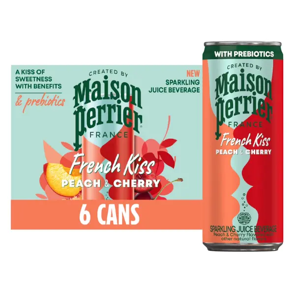 Maison Perrier French Kiss Peach Cherry Sparkling Water with Prebiotics – 6 Pack, 12 fl oz Cans