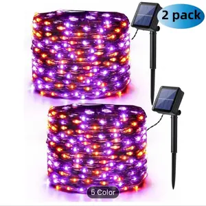 Ledoor Orange & Purple Halloween Lights - 120 LED String Lights, 8 Modes, Solar Powered - Outdoor Twinkle Halloween Party DIY Decor - Black Wire