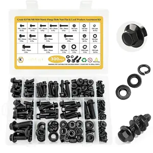 Metric Flange Bolt Assortment. 300 count M6 M8 M10 Bolt Kit,M6 x1.0 M8 x1.25 M10-1.25 (12mm to 35mm) Hex  Nuts and Washers Kit,Black Zinc Plated