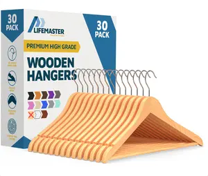 Lifemaster Wooden Hanger Set - 30 Pieces Non-Slip Versatile Closet Space-Saving Hanger Set for Suit, Coat, Camisole, Jacket, Pants, and Dresses with Rotating Swivel Hook