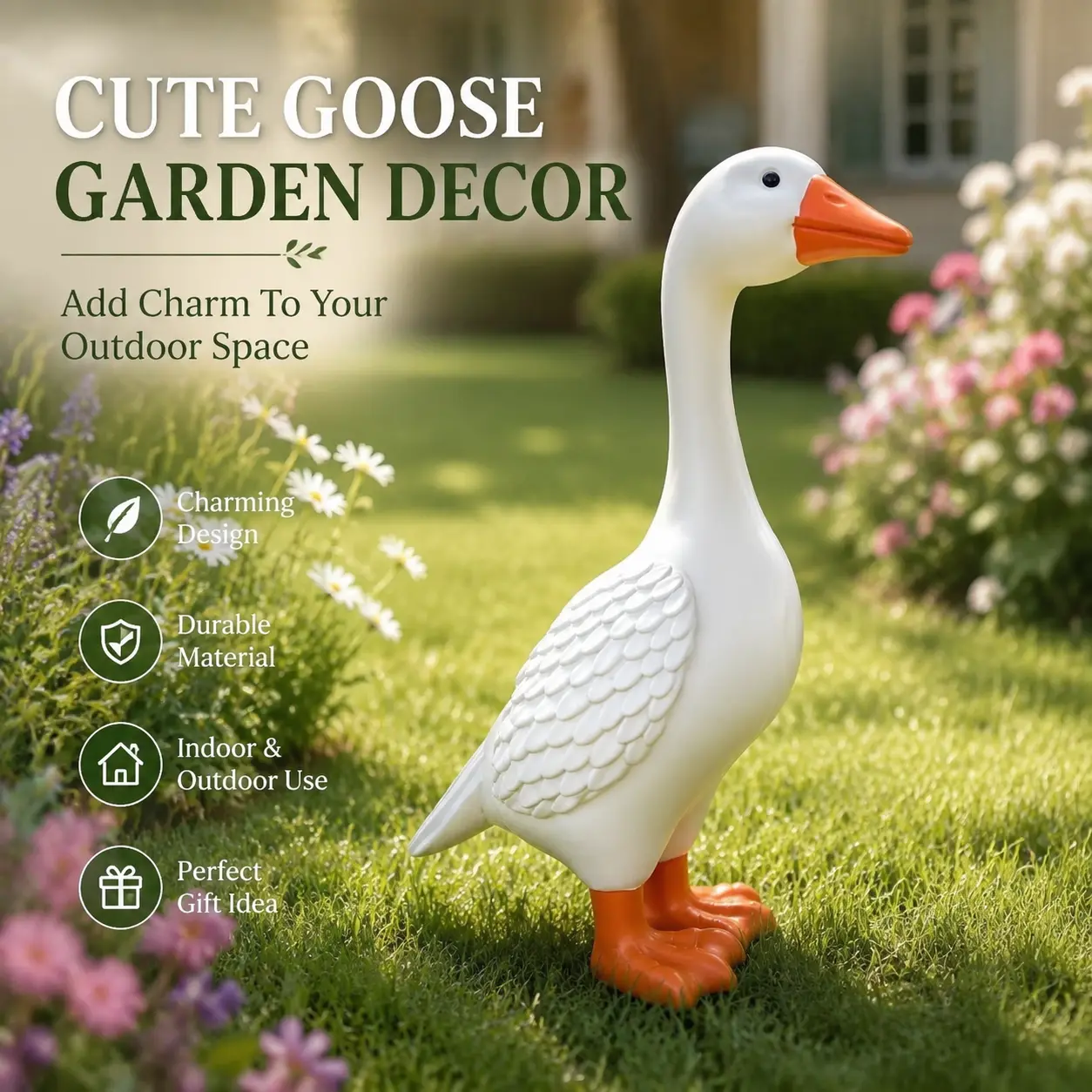 White Goose Garden Statue - Outdoor Home Decor Figurine for Patio Lawn, Farmhouse Accent & Unique Gift for Family Friends