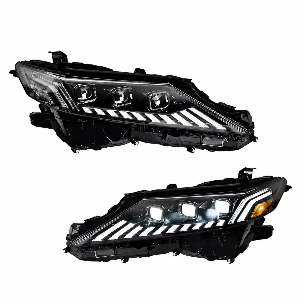 LED Triple Projector Headlights Assembly - Pair for 2018-2024 Toyota Camry, Aluminum Base, 12V Input, Beam Cutoff, Factory Look, Plug-In Install, Sequential Turns Night Driving Lights