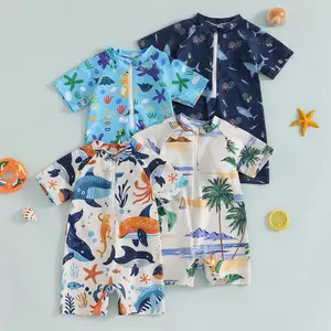 Babamoon Toddler Baby Boys Swimsuit Shark Print Short Sleeve Mock Neck Zip Up Rash Guard Bathing Suit Summer Beach Swimwear 0-3 Years