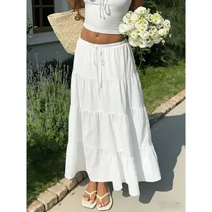 Women's textured white pleated skirt, bohemian elastic waist layered long skirt, suitable for summer outings and casual fashionRAIMENTRY