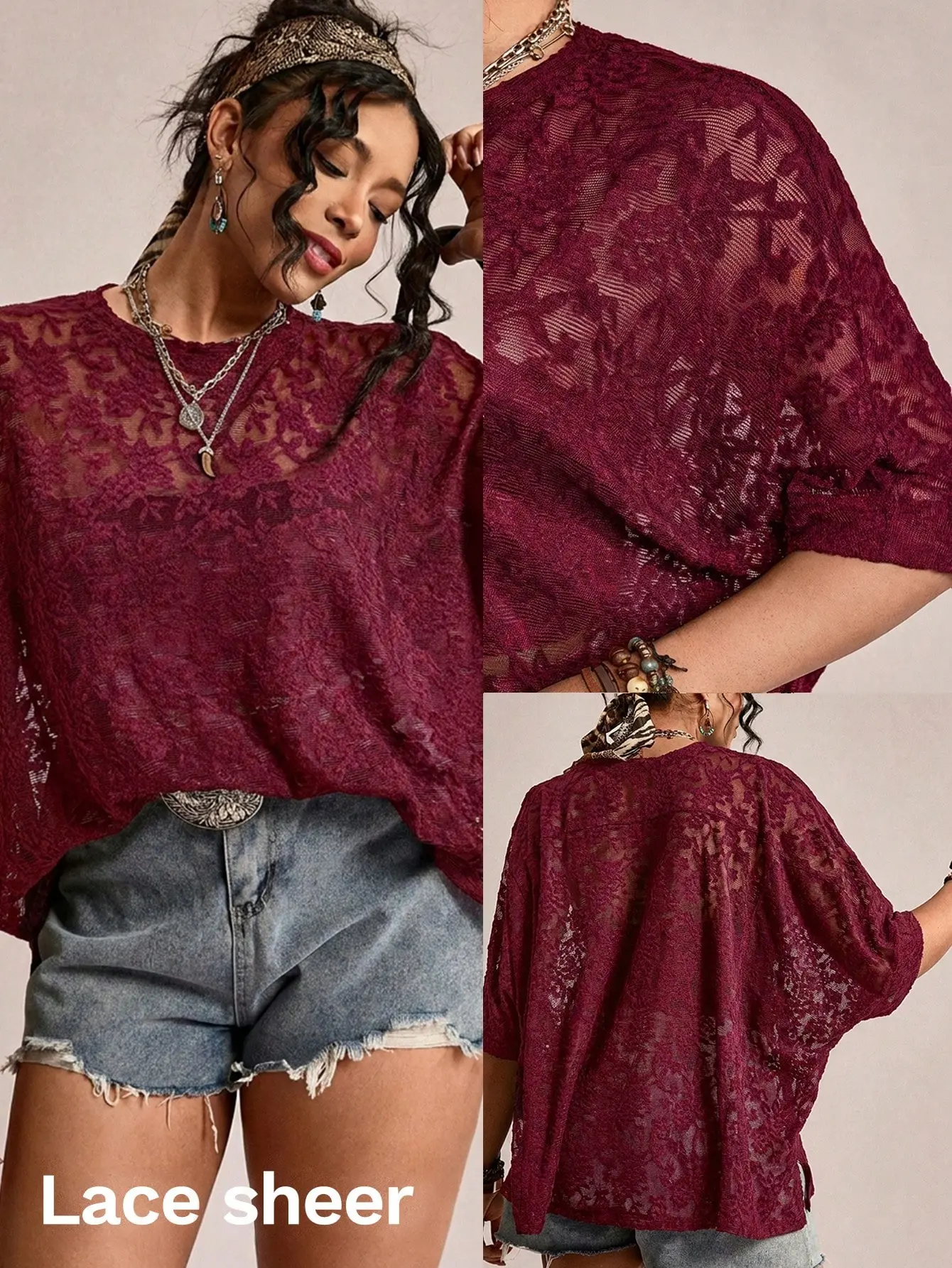 VYNCE Plus Size Sheer Lace Casual T-Shirt Blouse Short Sleeve Elegant Flowy Top Lightweight Soft Daily Wear Fall Fashion