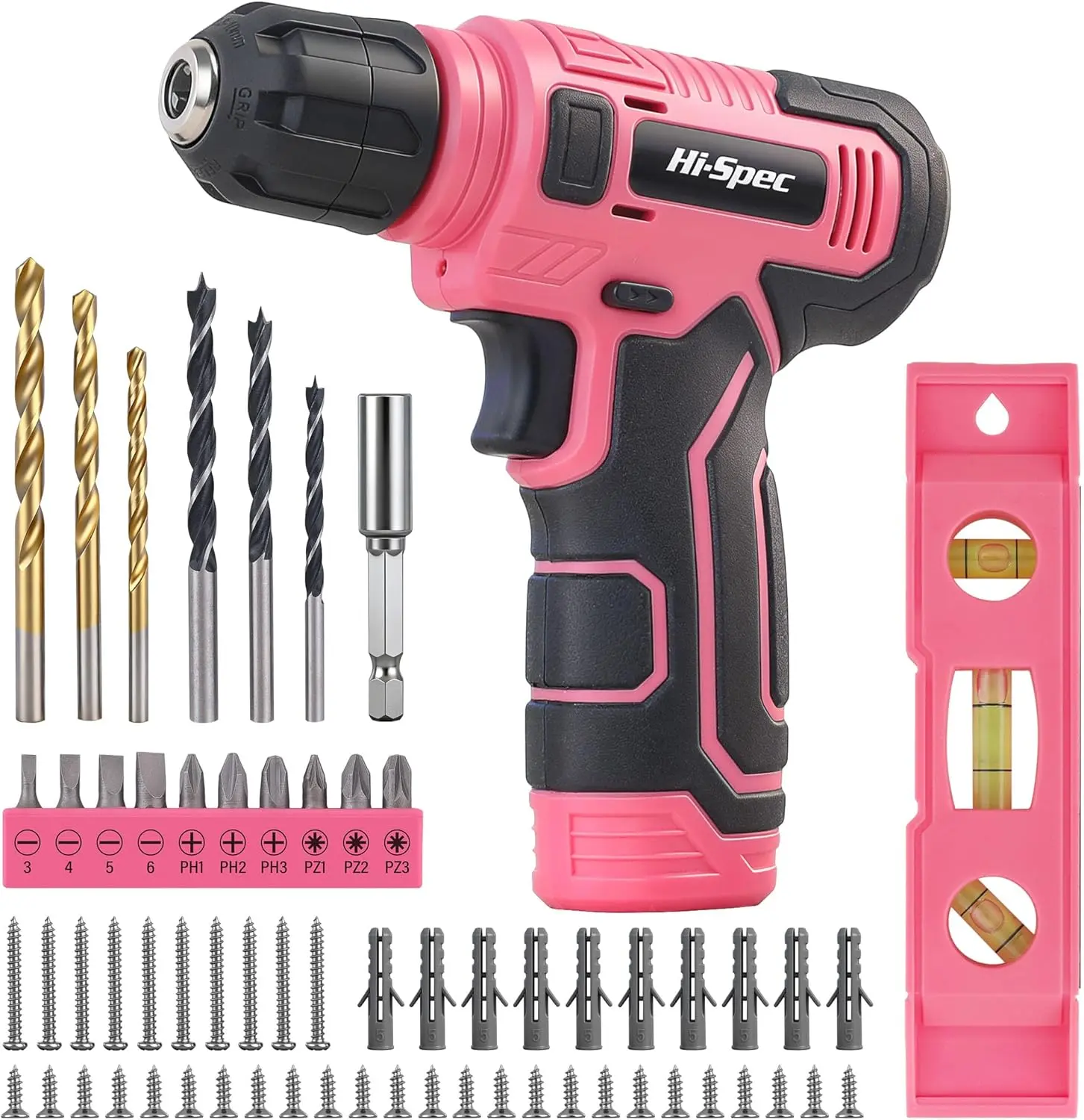 Hi-Spec 8V USB Pink Power Drill Driver & Screw Bit Set for Women. Ladies Cordless & Rechargeable Electric Drill Driver with Wall Hanging Kit