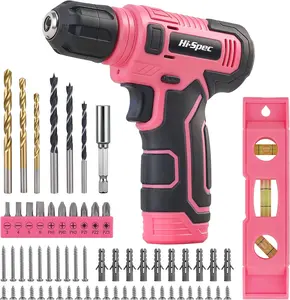 Hi-Spec 8V USB Pink Power Drill Driver & Screw Bit Set for Women. Ladies Cordless & Rechargeable Electric Drill Driver with Wall Hanging Kit