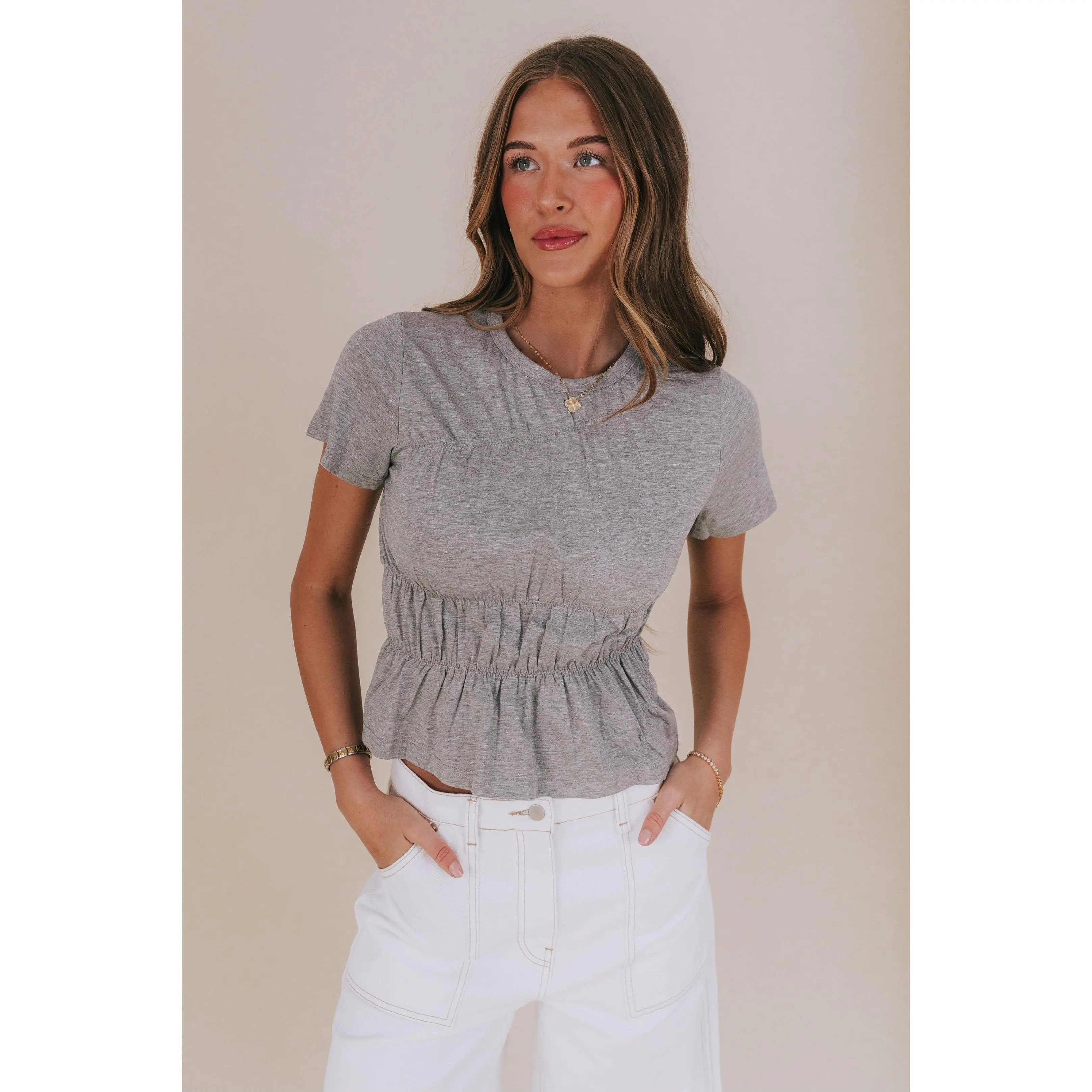 Women's Heather Grey Top, Casual Summer Blouse with Asymmetrical Smocking, Fitted Short Sleeve Crew Neck Shirt with Twist Detail, Shirts