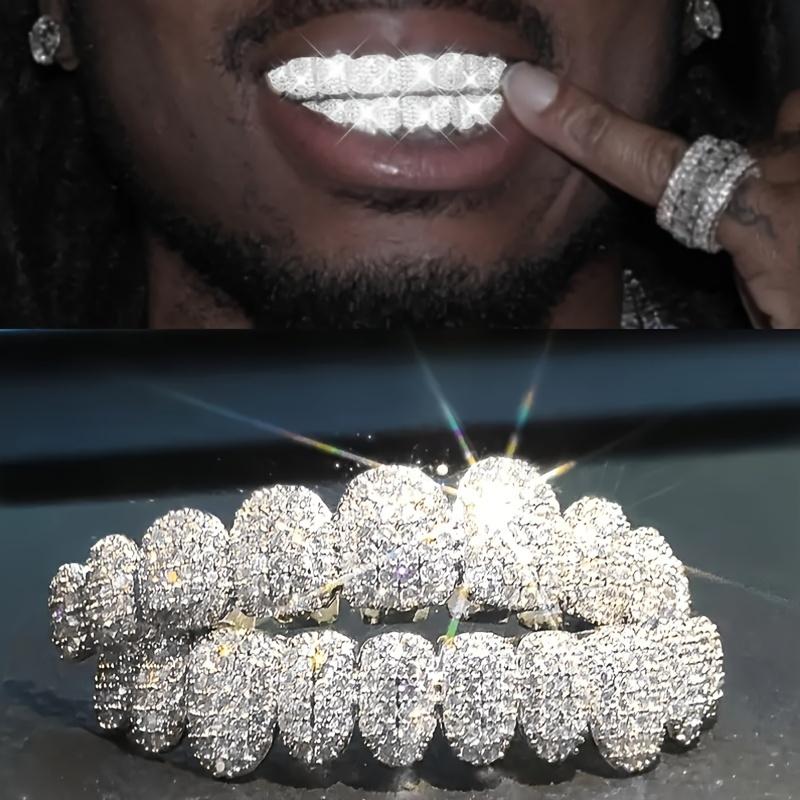 2pcs/ Set Hip Hop Cubic Synthetic Zirconia Teeth Grills Punk Tooth  Cosplay Rapper Jewelry Glittering Hip Hop Cubic Synthetic Zirconia Teeth Grills - 20pcs Top & Bottom Set for Rappers  Instantly   gold  teeth  cap Oral