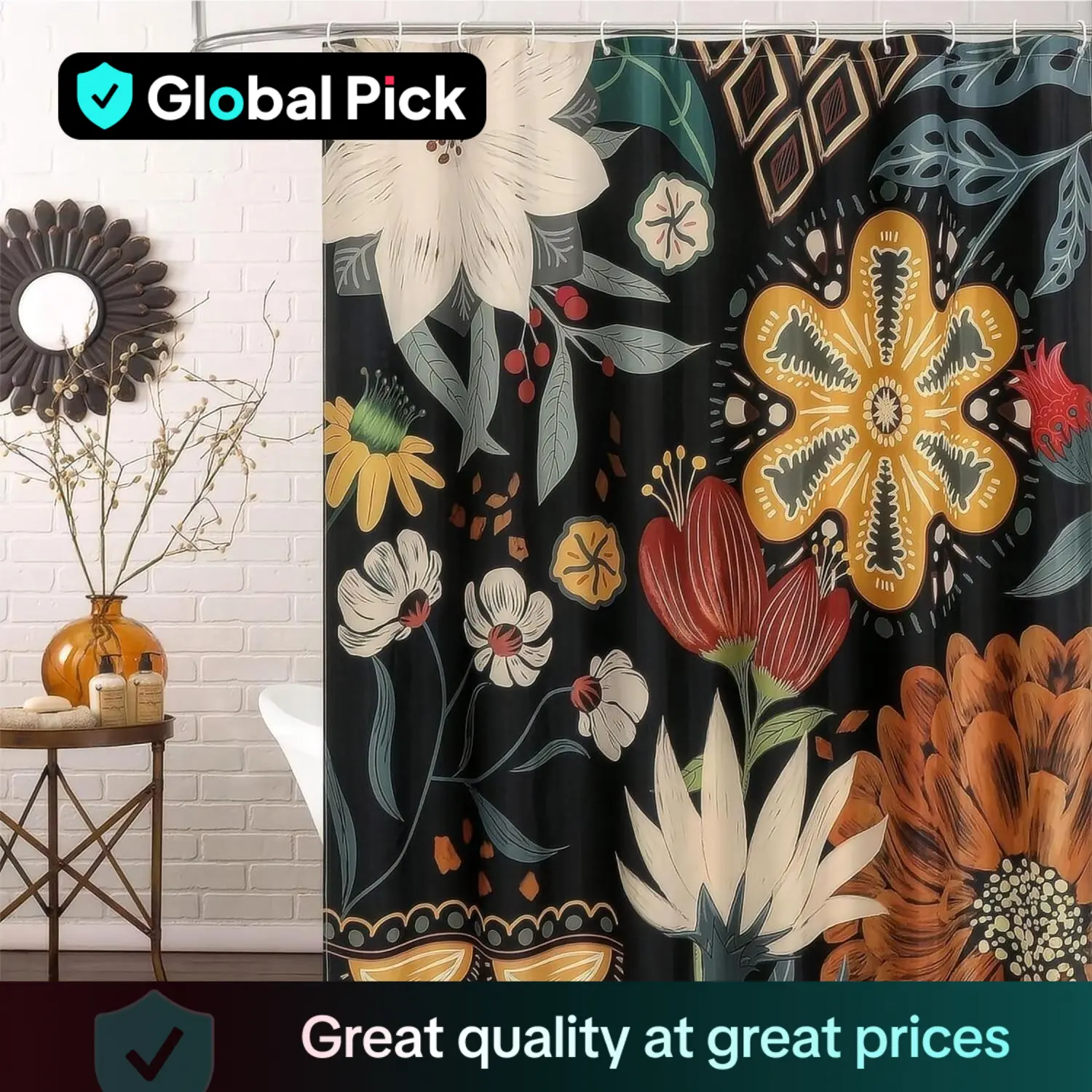 Flower Pattern Waterproof Bath Curtain, Polyester Bohemian Style Bathroom Decorative Curtain, Bathroom Accessory, Home Goods