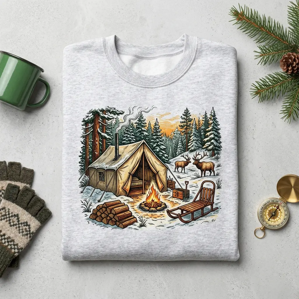 Women's Winter Camping Themed Unisex Pullover Sweatshirt, Gildan 1800