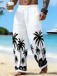 Men's Linen Pants Loose Fit Summer Beachwear Straight Leg Long Pant, Casual Hawaiian Style All-Season Comfortable Clothing, Tropical