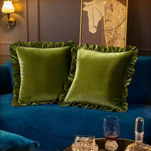 Throw Pillow Covers Set of 2, Soft Decorative Ruffle Cushion Cases for Couch Sofa Bedroom, 18 x 18 Inches, Olive Green