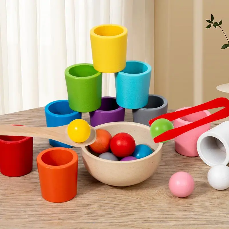 Wooden Shape Sorter Toy, Colorful 10 Round Ball & 10 Cups & 1 Tongs & 1 Spoon & 1 Bowl Set, Birthday Gifts, Multifunction