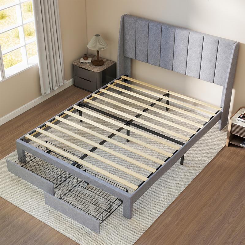 Upholstered Bed Frames With 2 Storage Drawers，Channel Tufted Headboard,Fabric Wrapped Legs,Elegant Platform Bed With Ample Underbed Storage